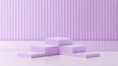 Beyaz üste, Lavanta 'da çift taraflı bir küp podyumu. Lavanta dikdörtgen desenli bir arkaplan