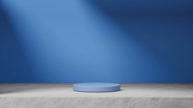Çimento üzerinde izole edilmiş deniz mavisi podyumu. Arka planda güneş ışığı, deniz mavisi arka plan, ürün değişimi.