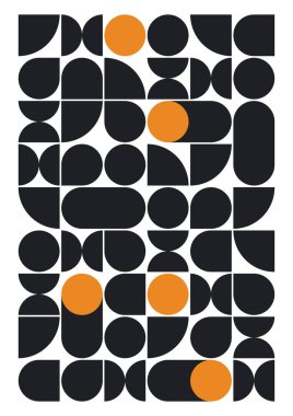 Bauhaus vektör deseni. Basit modern model. Bauhaus desenli siyah renkli ve Üstün Turuncu halkalı. Bauhaus desenli bir poster. Beyaz arkaplan