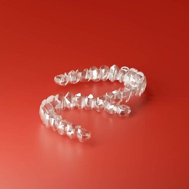 Temiz hizalama kalın kırmızı yüzeye dayanır. Cilalanmış plastik yumuşak kıvrımlar. Minimalist düzenek diş aletini ön plana çıkarıyor. Modern sağlık aracı, temiz ve kusursuz. Diş ve ortodontik için ideal.