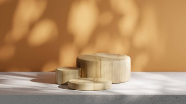 Sıcak ışık minimalist ahşap podyumlara yumuşak gölgeler düşürüyor. Pürüzsüz yüzeyler, sakin ve doğal tonları yansıtır. Ürün gösterimleri veya sakin yaşam tarzları için ideal