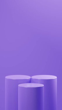 Mor silindirler pürüzsüz bir arka planda duruyor. Minimalist tasarım, sakin ve modern estetiği çağrıştırıyor. Ürün gösterimleri veya soyut dijital kavramlar için ideal