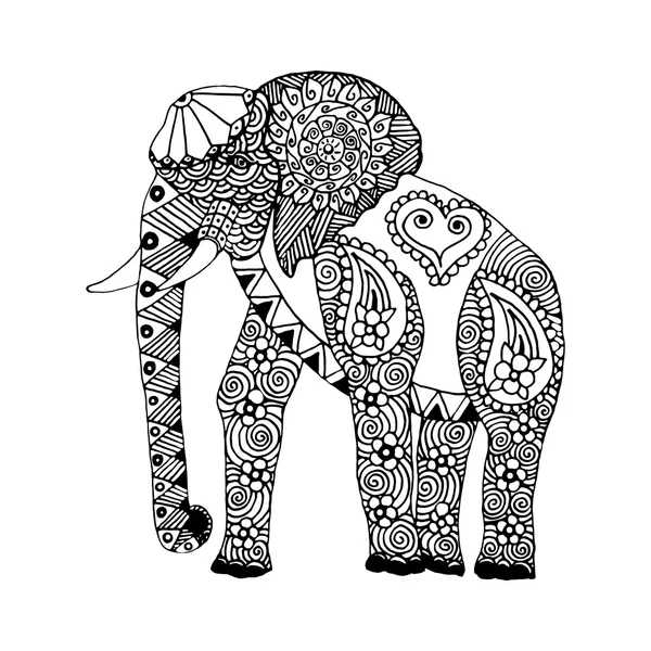 Elefante dibujado a mano garabato y zentangl — Vector de stock