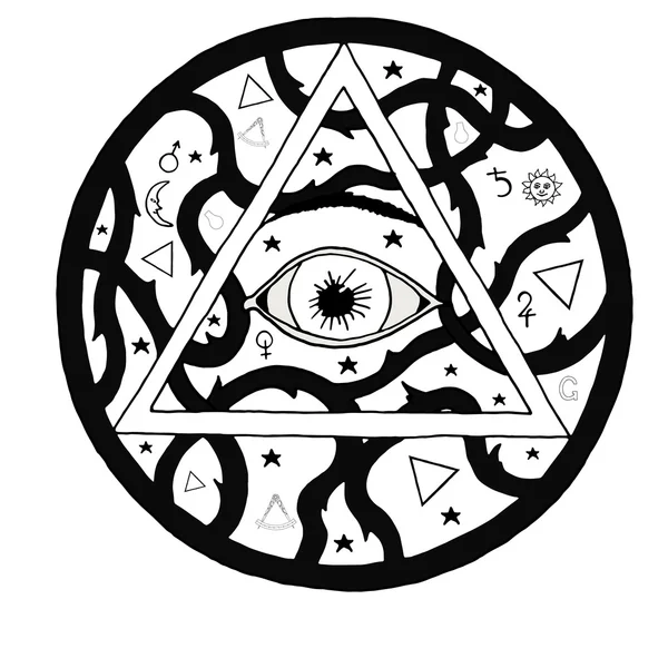 Todos vendo o símbolo da pirâmide do olho no projeto da gravura da tatuagem —  Vetores de Stock