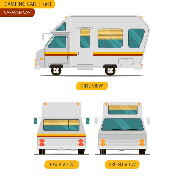 Conjunto de carros para caravana de acampamento com três vistas —  Vetores de Stock