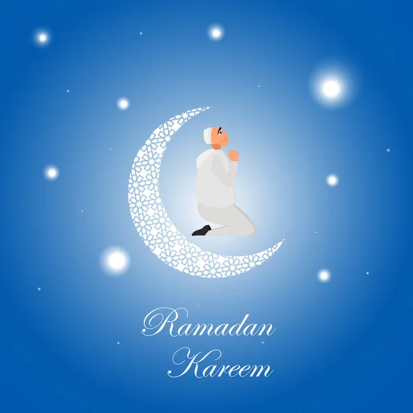 Uomo islamico che prega in stile cartone animato di notte — Vettoriale Stock
