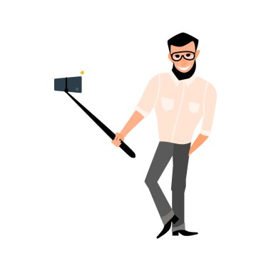 Bir sakal hipster take fotoğraflar ile gülümseyen erkek