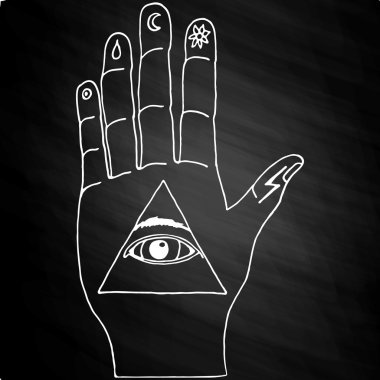Sunburst, el, süsler. Illuminati sembolleri kara tahta üzerinde