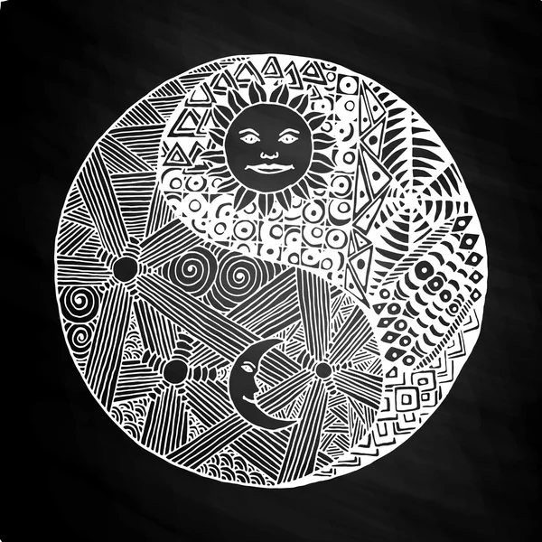 Yin Yang Doodle, Zentangl, Mond in der Nacht auf der Tafel — Stockvektor