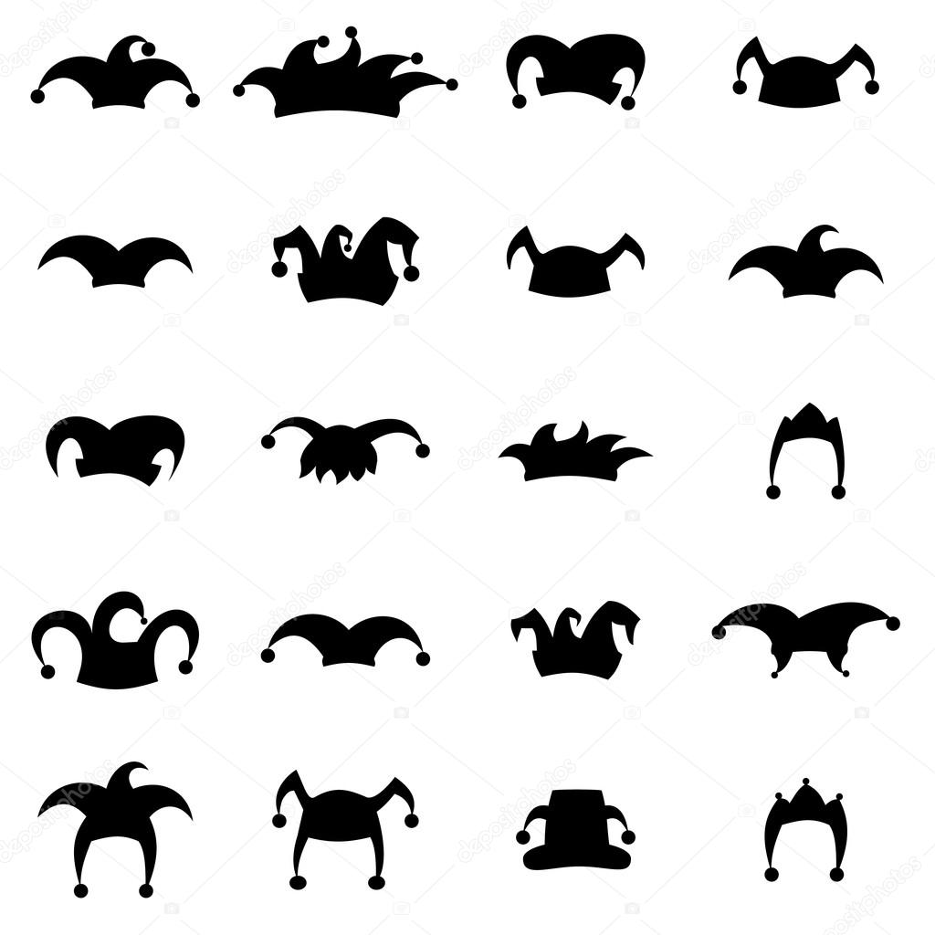 Set caps jester silhouette isolated on white background. Hat icon set.