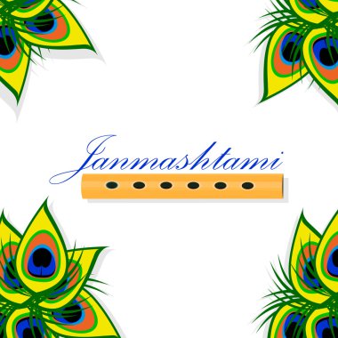 Mutlu Janmashtami. Tavus kuşu tüyü ile çizgi film bansuri