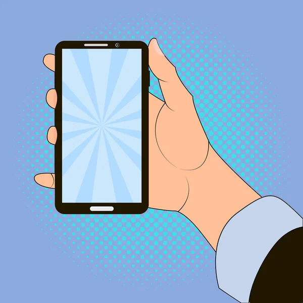 Hand holding smart phone on blue background. — Stock Vector