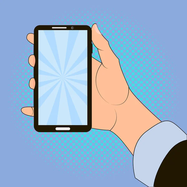 Hand met slimme telefoon op blauwe achtergrond. — Stockvector