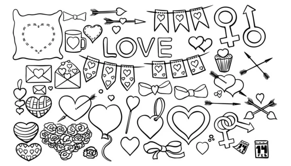 Conjunto de ilustraciones para el día de San Valentín, cartas, llave, corazones — Vector de stock