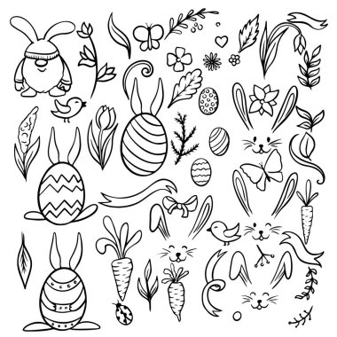 Easter traditional symbols collection - eggs, bunny, willow twigs, basket, candles, Christian church, egg decorating.