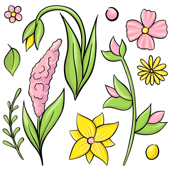 Belle bande dessinée Mignonnes petites fleurs ensemble isolé sur un blanc — Photo