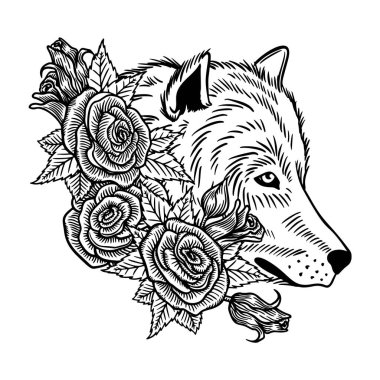 Vahşi bir gül çelenginde güzel bir kurt ya da köpek. Posta kartı ya da poster için vektör illüstrasyonu, giysiler için baskı. Bahar ve yaz, bir buket çiçek..