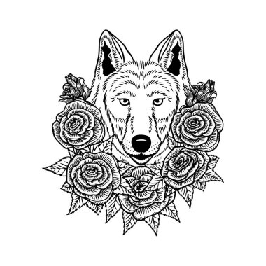 Vahşi bir gül çelenginde güzel bir kurt ya da köpek. Posta kartı ya da poster için vektör illüstrasyonu, giysiler için baskı. Bahar ve yaz, bir buket çiçek..