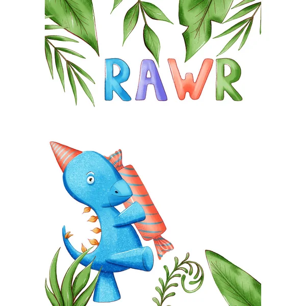 Tarjeta de invitación o póster en la fiesta de Dino. ilustración con dinosaurios de colores. Plantilla con un lugar para su texto. —  Fotos de Stock