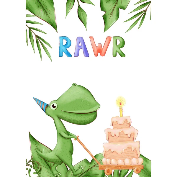 Meghívó kártya vagy poszter a Dino partin. illusztráció színes dinoszauruszokkal. Sablon egy helyet a szöveges. — Stock Fotó
