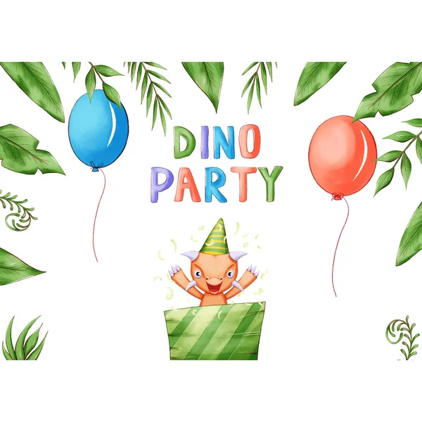 Tarjeta de invitación o póster en la fiesta de Dino. ilustración con dinosaurios de colores. Plantilla con un lugar para su texto. —  Fotos de Stock