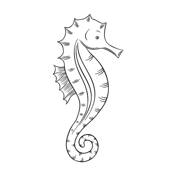 Ilustración vectorial de un caballito de mar aislado sobre fondo blanco. Páginas para colorear. Libro para colorear para adultos y niños. Dibujo a mano alzada antiestrés con garabatos y elementos zentangle. — Archivo Imágenes Vectoriales