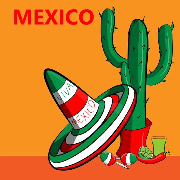 Poster con sombrero, cactus, tequila, maracas, peperoncino e testo — Vettoriale Stock