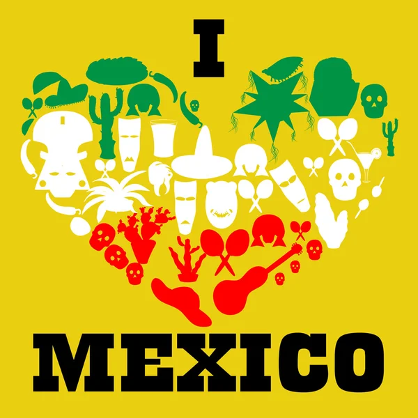 Mexico love - heart with set of vector illustrations — Stock Vector
