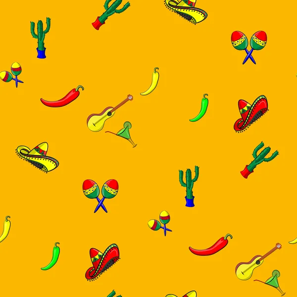 Patrón para cinco de mayo con sombrero, maracas, jalapeño, margarita, guitarra y cactus — Vector de stock