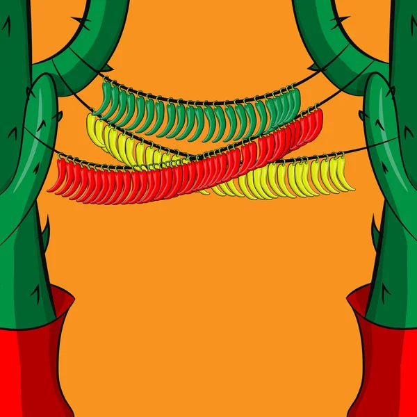 Banner a füzér a piros csípős paprika, zöld és sárga paprika — Stock Vector