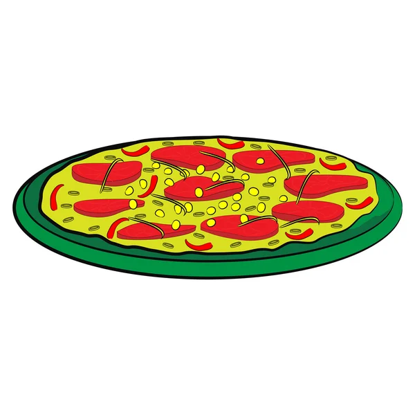 Pizza mexicaine au piment rouge, tomates, poivrons verts et oignons verts dans une assiette verte — Image vectorielle