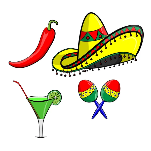 Margarita mit Sombrero, Jalapeño und Maracas, gruppiert zur einfachen Bearbeitung. Keine offenen Formen oder Wege. — Stockvektor