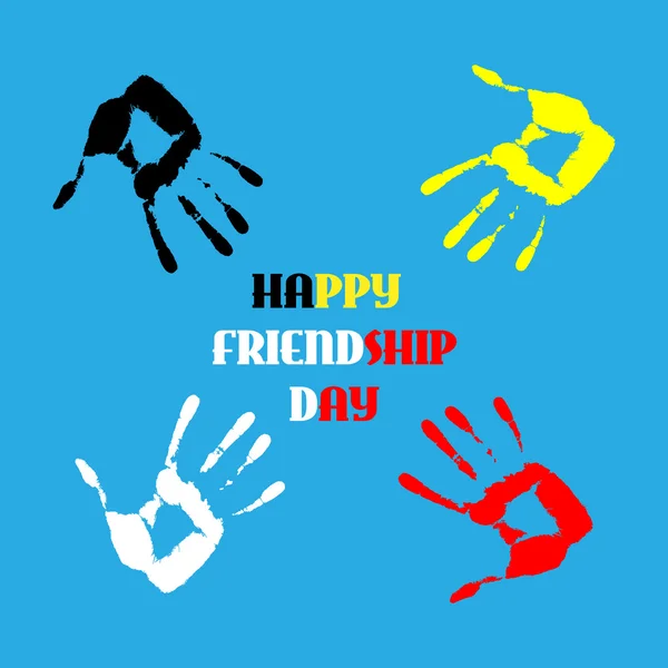 Happy friendship day background with colored watercolor handprints - Stok Vektor