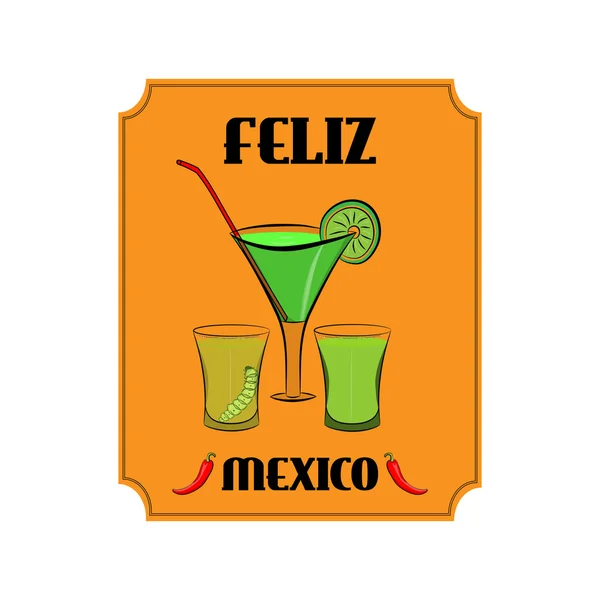 Mexico poster met alcohol drinkt in glazen en rode peper op oranje achtergrond — Stockvector