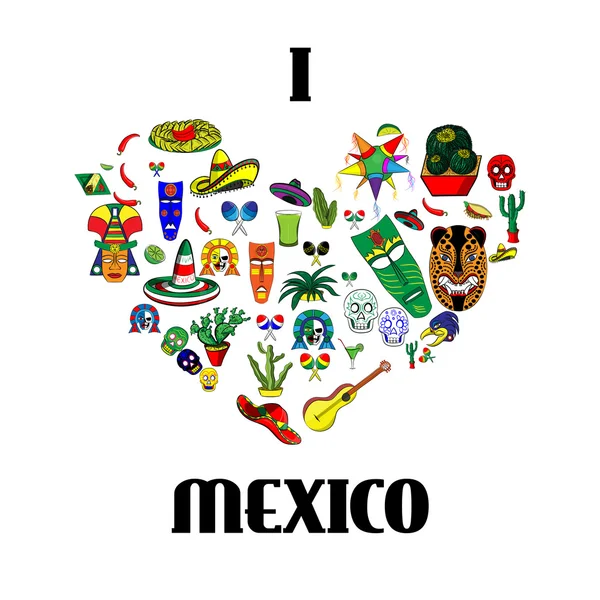 Mexico love - heart with set of  illustrations — Stock Vector