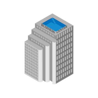 İzometrik iş merkezi bina asansörler ve çatı havuzu ile. Beyaz arka plan üzerinde izole. Vektör çizim.