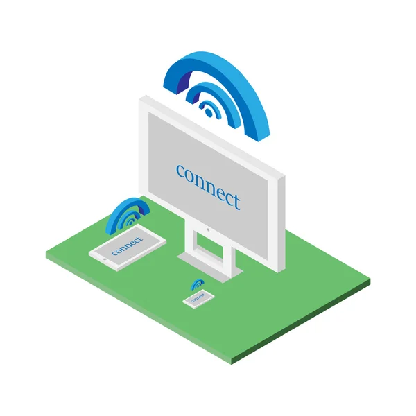 3D izometrik bilgisayarlı teknoloji tasarımcı çalışma alanı Infographic kavramı vektör düz. Tablet, masaüstü bilgisayar, dizüstü bilgisayar, akıllı telefon wifi bağlanma