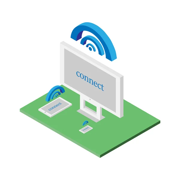 Plochá 3d izometrické počítačové technologie Návrháře pracovního prostoru infographic pojem vektoru. Tablet, notebook, mobilní telefon, stolní počítač, wifi připojení — Stockový vektor