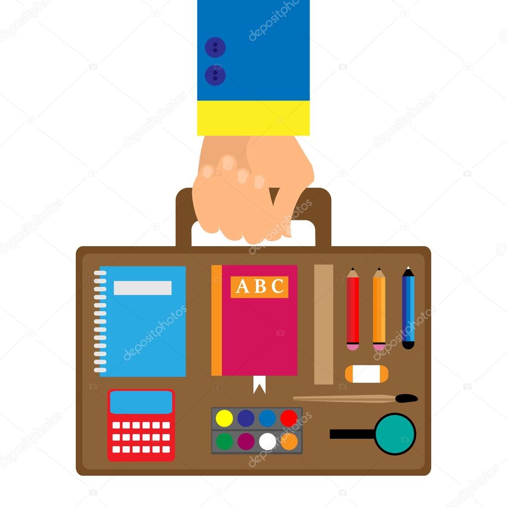 background in a flat style with a hand carrying school bag inside which the paints, pencil, pen, magnifier, ruler, notebook, ABC, calculator, eraser. background for the holiday back to school