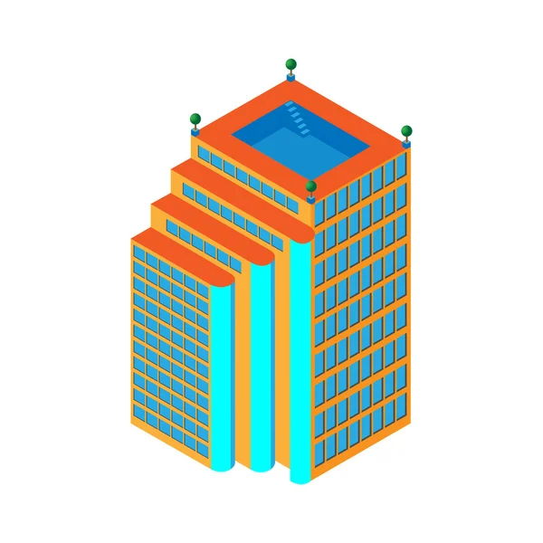Gratte-ciel isométrique 3D plat. centre d'affaires avec piscine sur le toit et trois ascenseurs. Isolé sur fond blanc. pour jeux, icônes, cartes . — Image vectorielle