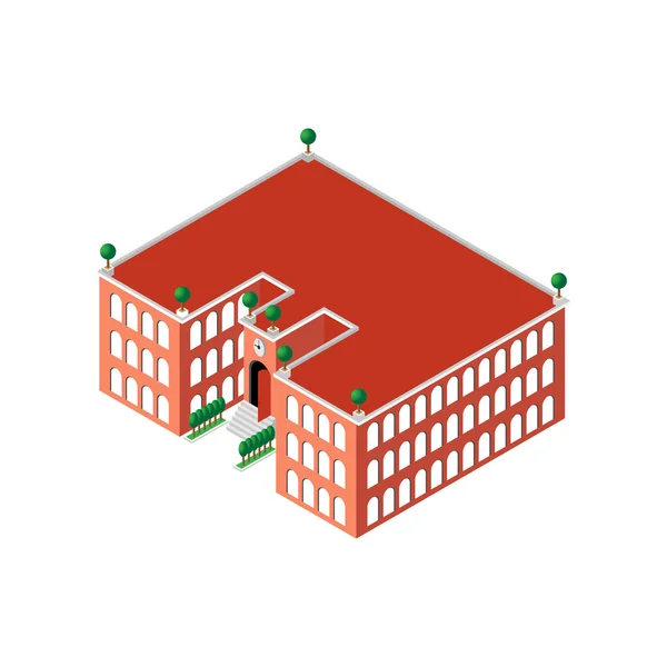 Platt 3d isometrisk bygga skola eller universitet med en klocka och en öppen dörr samt med gröna träd och buskar nära skolan på taket. för spel, ikoner, kartor. — Stock vektor