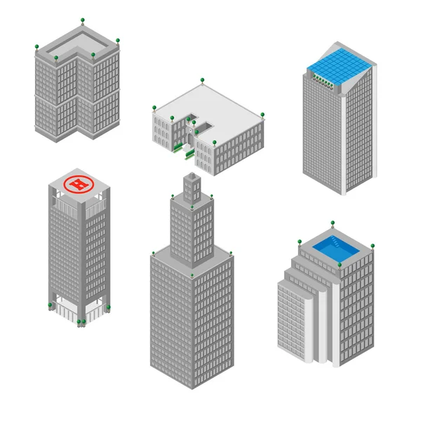 Appartement 3d isométrique ensemble de gratte-ciel, bâtiments, école. Isolé sur fond blanc. pour jeux, icônes, cartes . — Image vectorielle