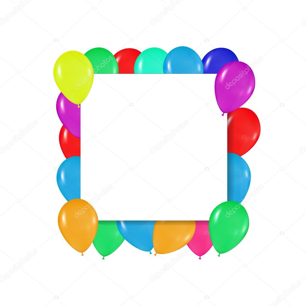 square frame of colorful balloons in the style of realism. to design cards, birthdays, weddings, fiesta, holidays, invitations on a white background