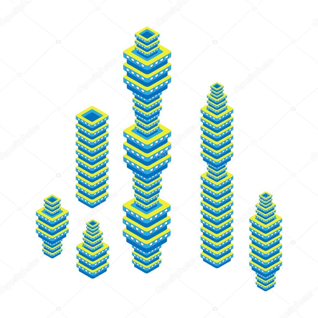 flat 3d isometric set of skyscraper. business center. Isolated on white background.  for games, icons, maps.
