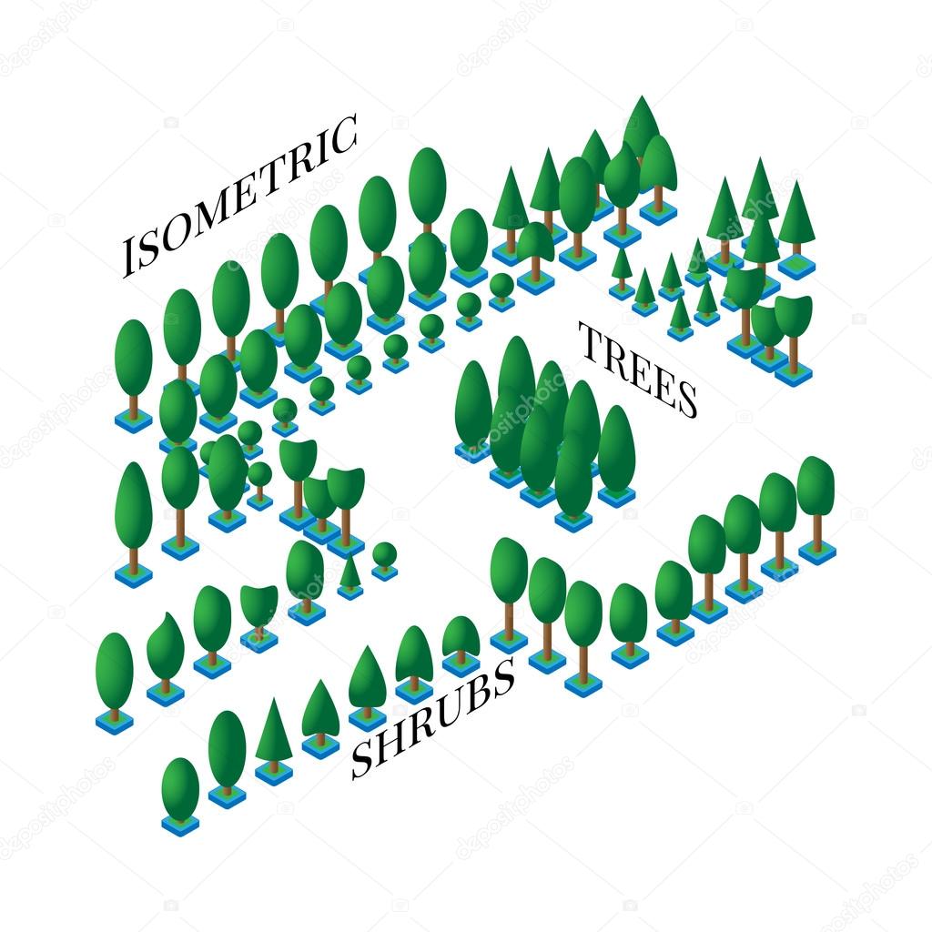 Isometric set of green trees and bushes in the flat is 3D styles to design icons, games, infographics on a white background