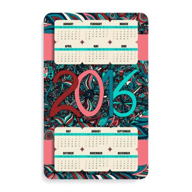 vertical color calendar 2016 in the Zentangle and Doodle style clipart