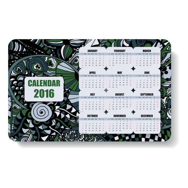 Horizontal color calendar 2016 in the Zentangle and Doodle style — стоковий вектор