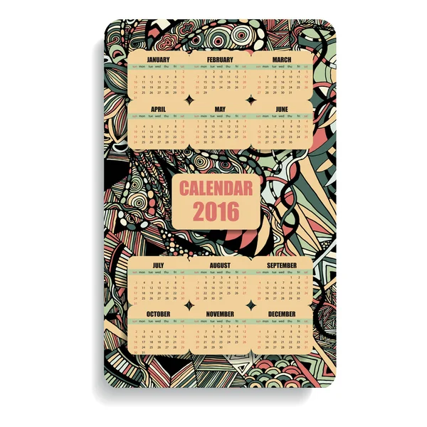 Vertical color calendar 2016 in the Zentangle and Doodle style — стоковий вектор