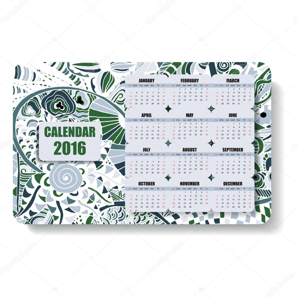 horizontal color calendar 2016 in the Zentangle and Doodle style