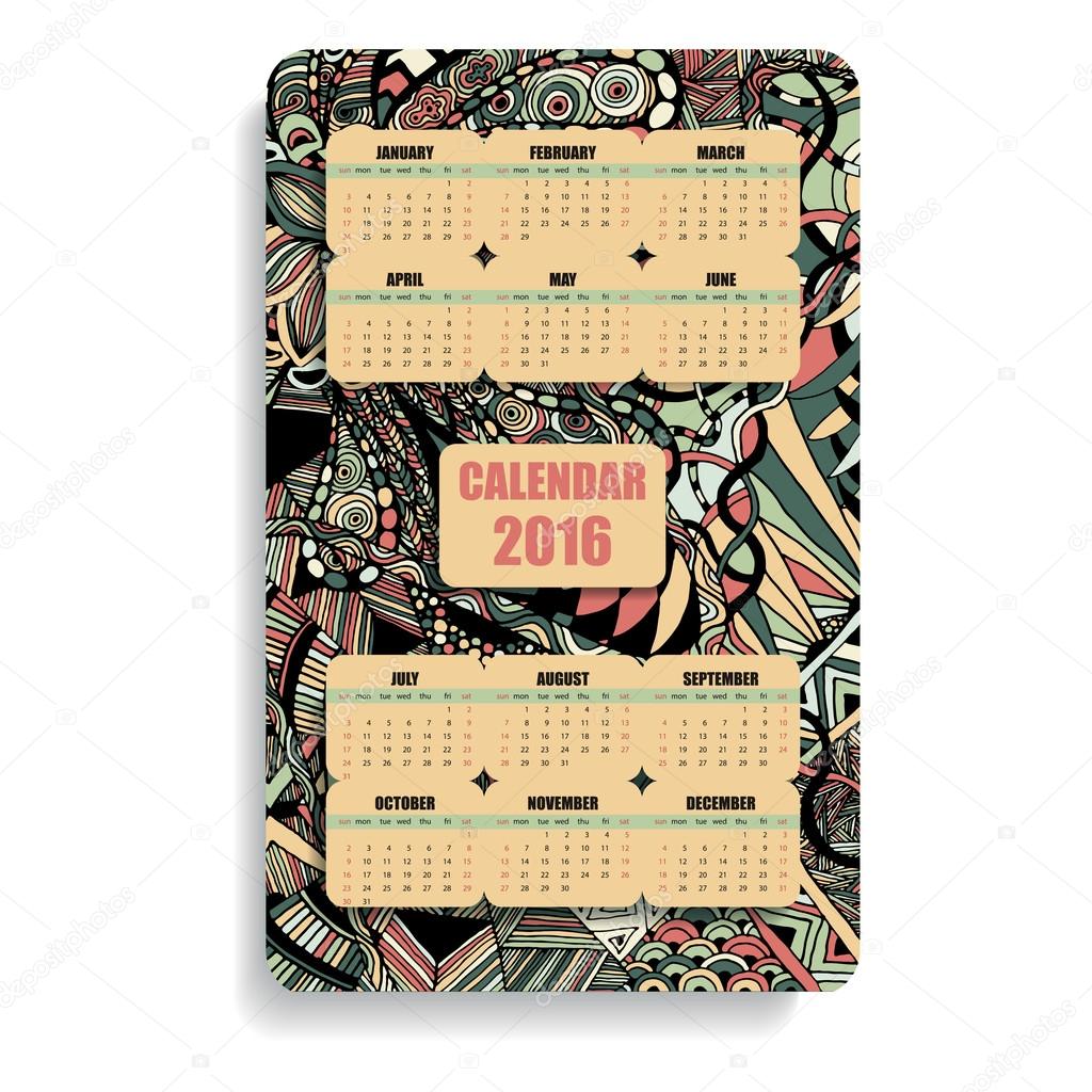 vertical color calendar 2016 in the Zentangle and Doodle style